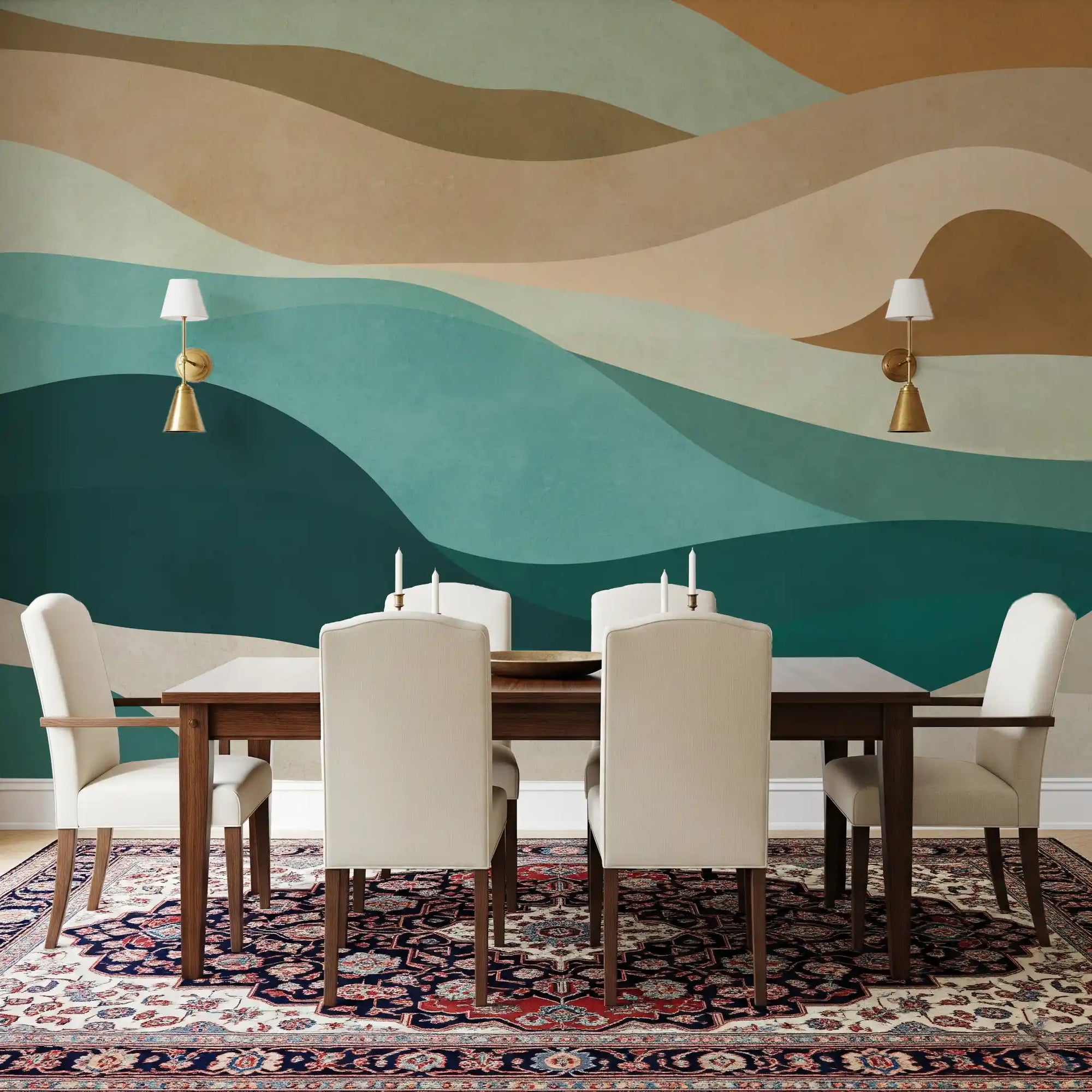 Abstract earthy wave horizon wall mural in teal and beige tones for dining room GD11058