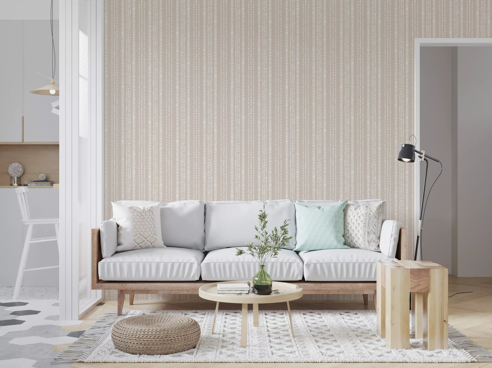 Subtle Creamy Beige Linear Motif Wallpaper⁠