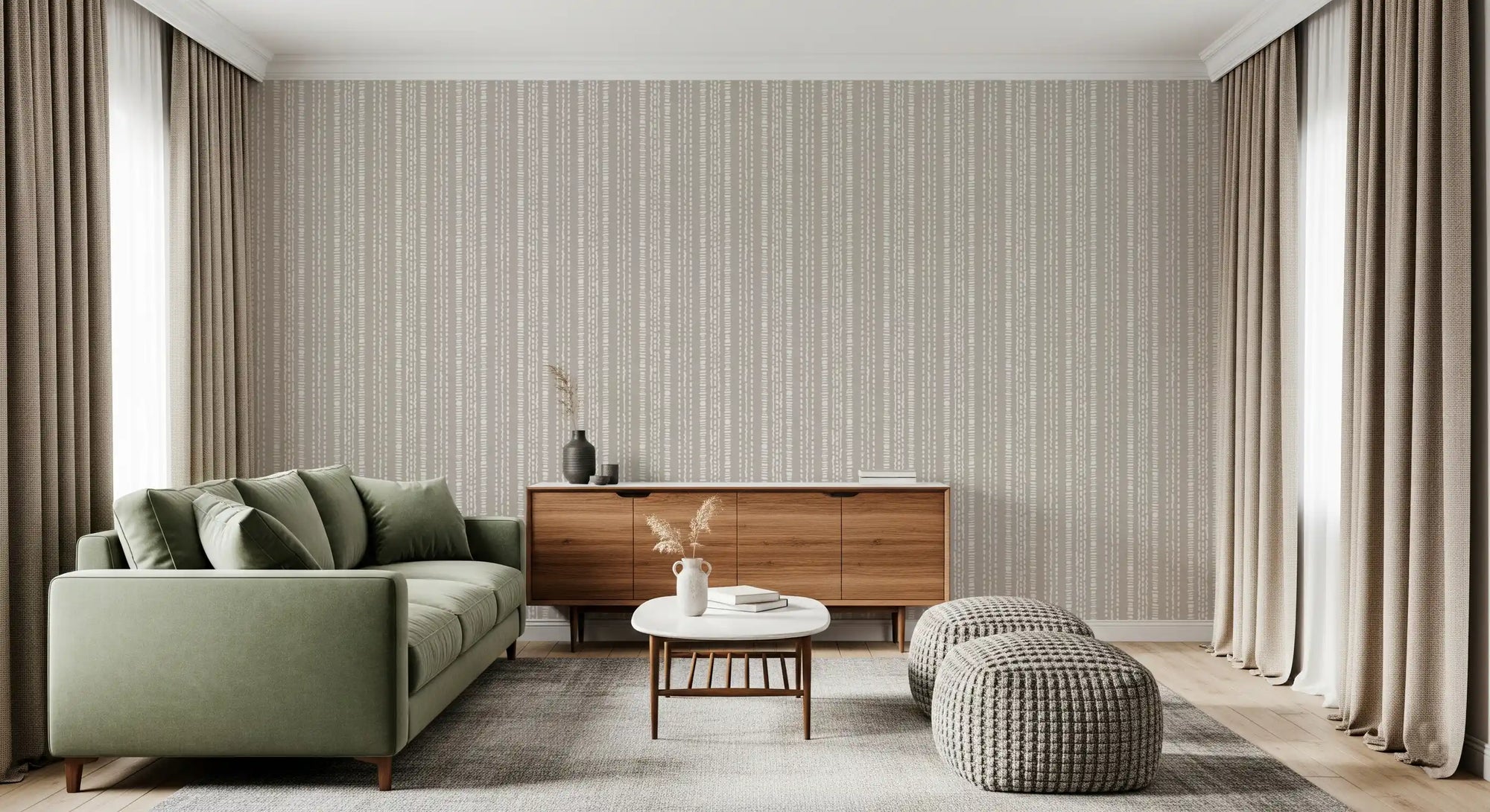 Earthy vertical dash motif wallpaper in living room with warm greige and cream GD11062