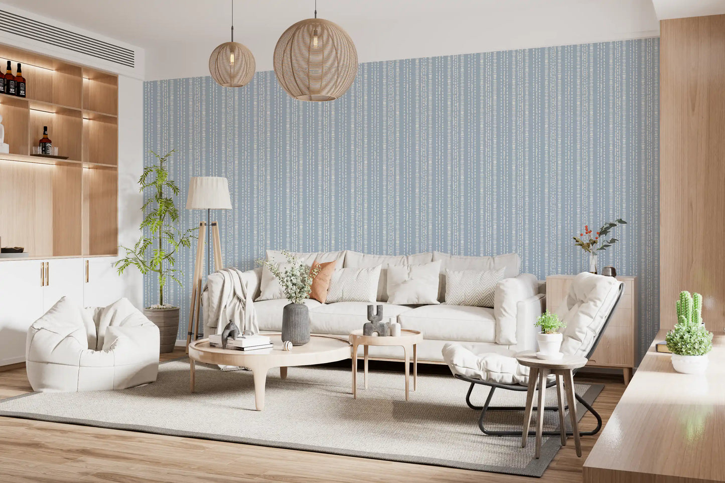 Cream and Indigo Linear Pattern Wallpaper⁠