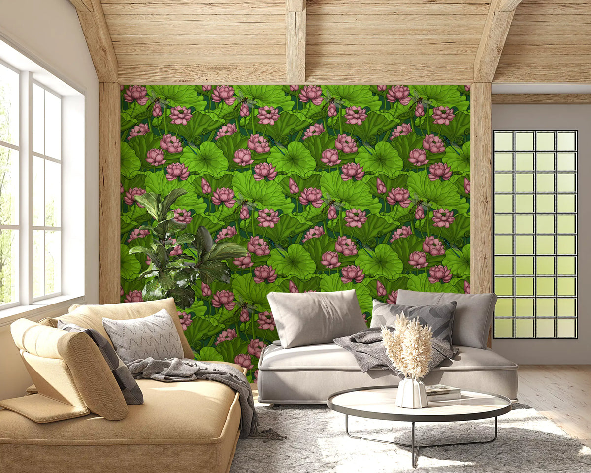 Zen lotus pond wallpaper with pink blooms and dragonflies in green GD11067