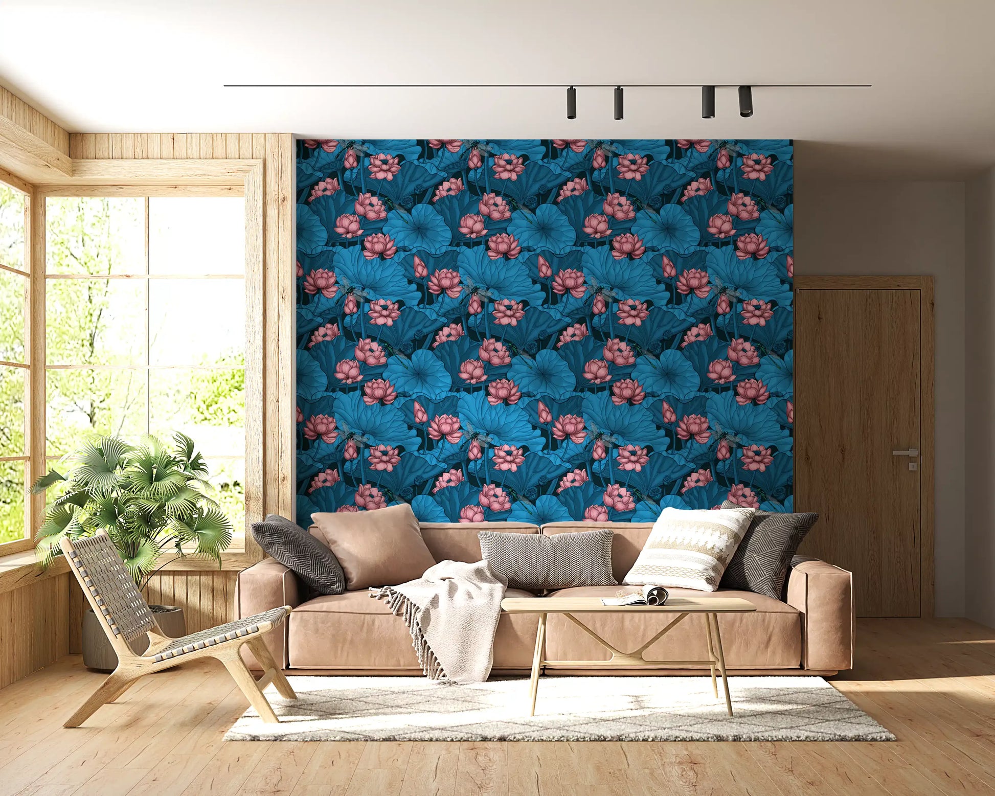 Zen Lotus Pond with Dragonflies in pink and blue Wallpaper⁠