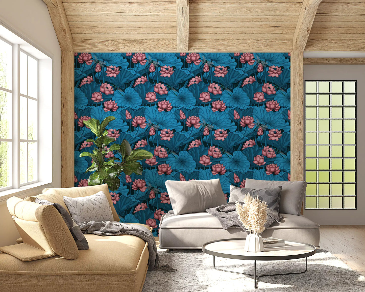 Zen Lotus Pond with Dragonflies in pink and blue Wallpaper⁠