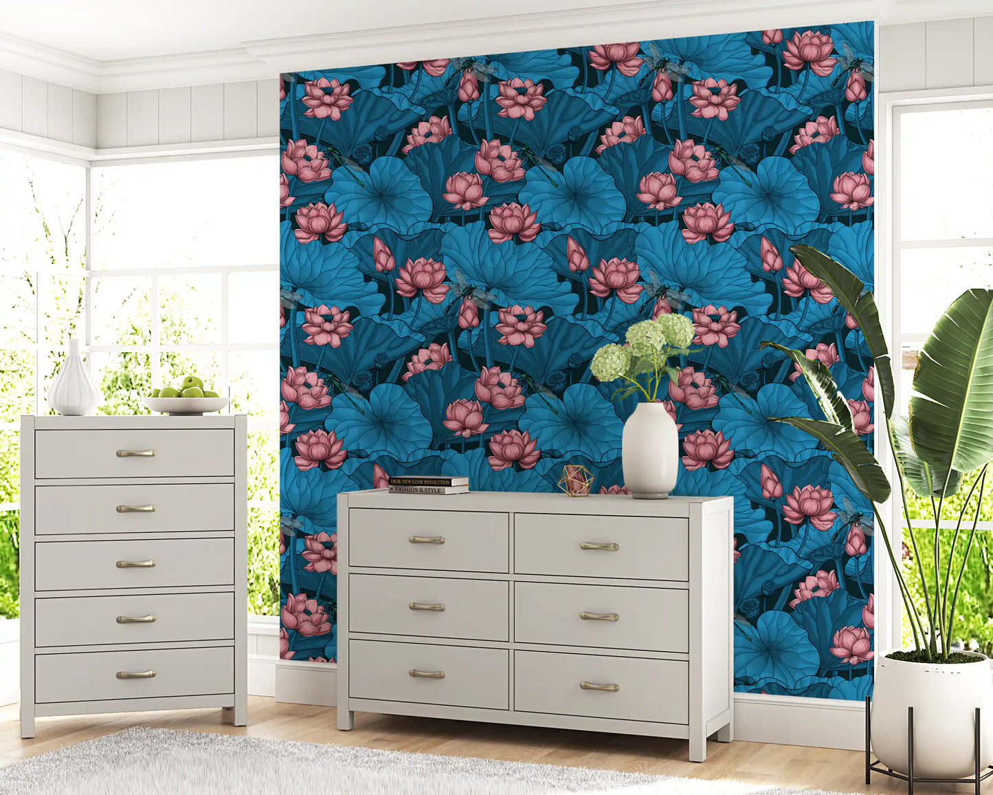 Zen Lotus Pond with Dragonflies in pink and blue Wallpaper⁠