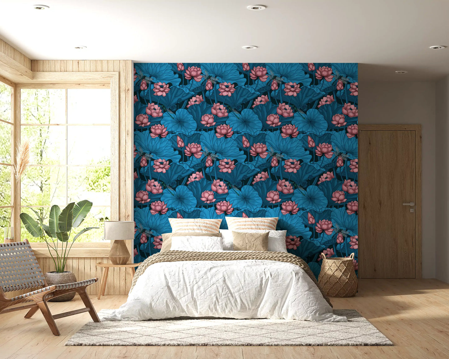 Zen Lotus Pond with Dragonflies in pink and blue Wallpaper⁠