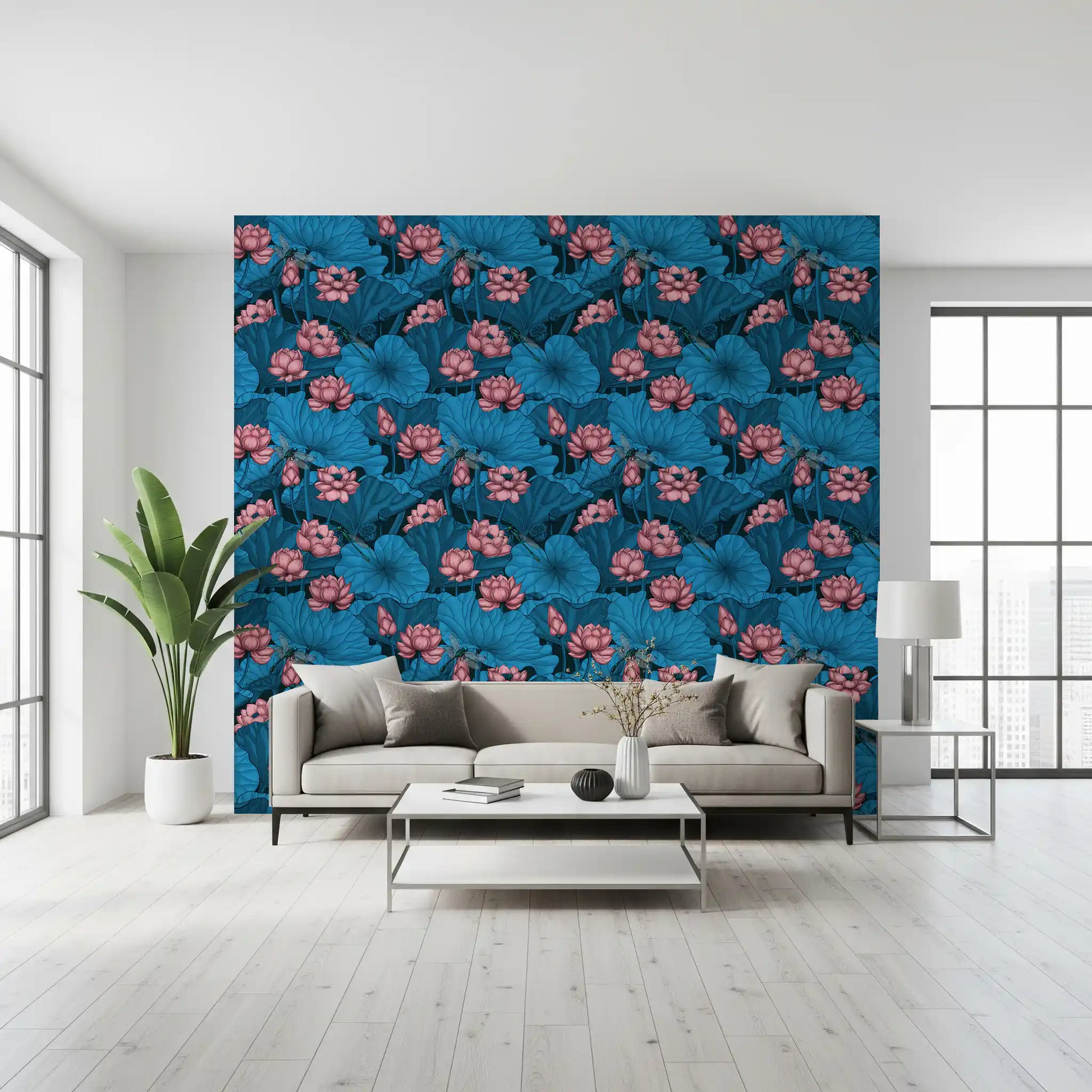 Zen Lotus Pond with Dragonflies in pink and blue Wallpaper⁠