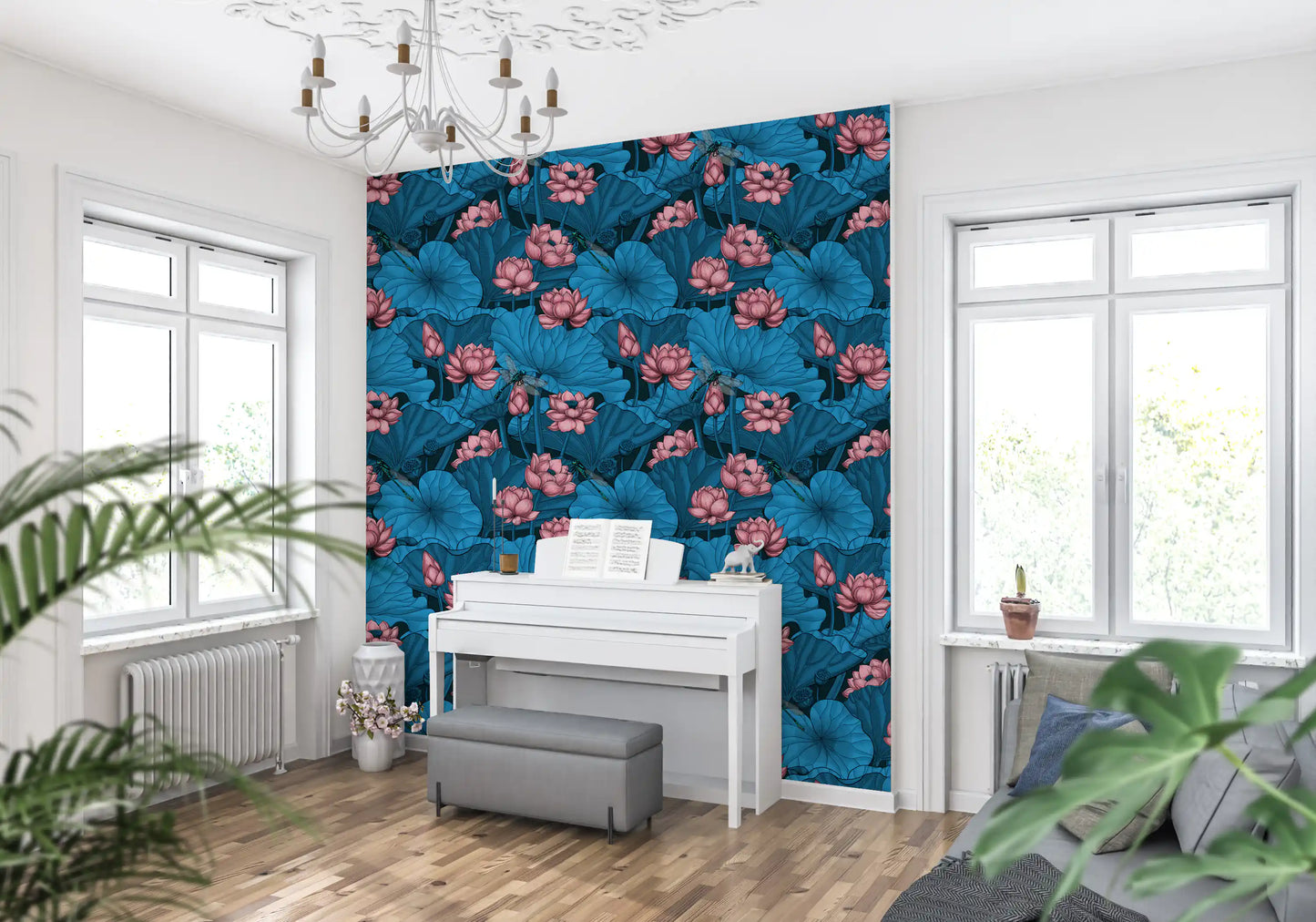 Zen Lotus Pond with Dragonflies in pink and blue Wallpaper⁠