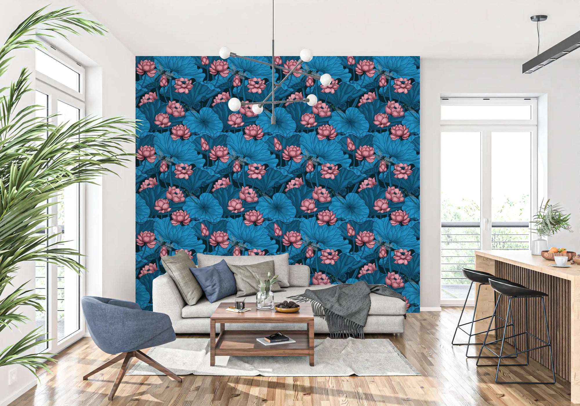 Zen Lotus Pond with Dragonflies in pink and blue Wallpaper⁠