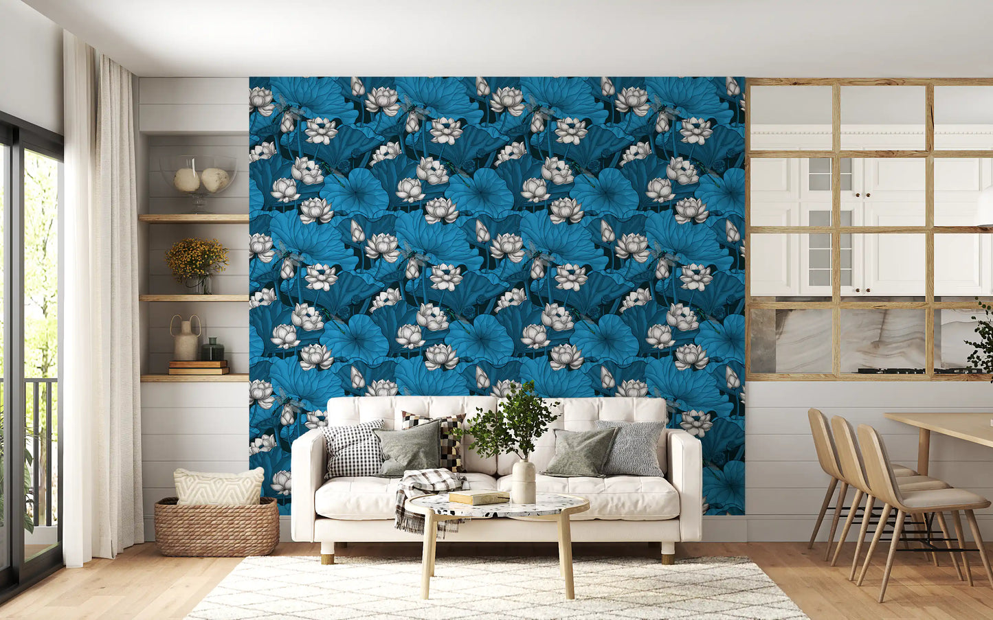 Zen Lotus Pond with Dragonflies in white and blue Wallpaper⁠