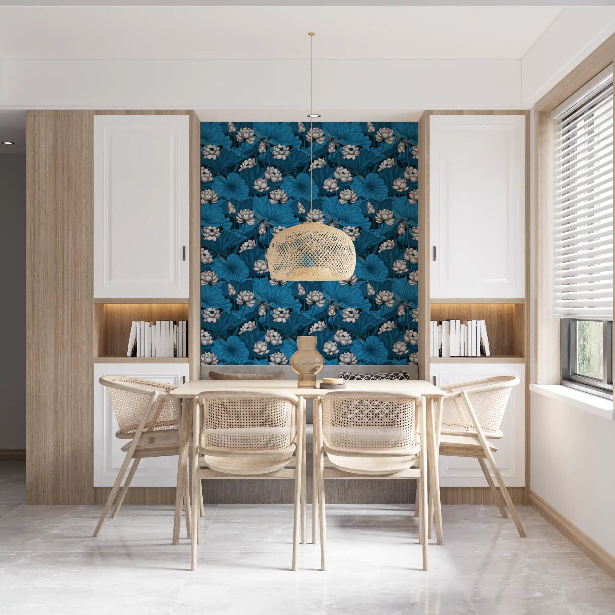 Zen lotus pond wallpaper with white blooms and dragonflies in teal blue GD11069