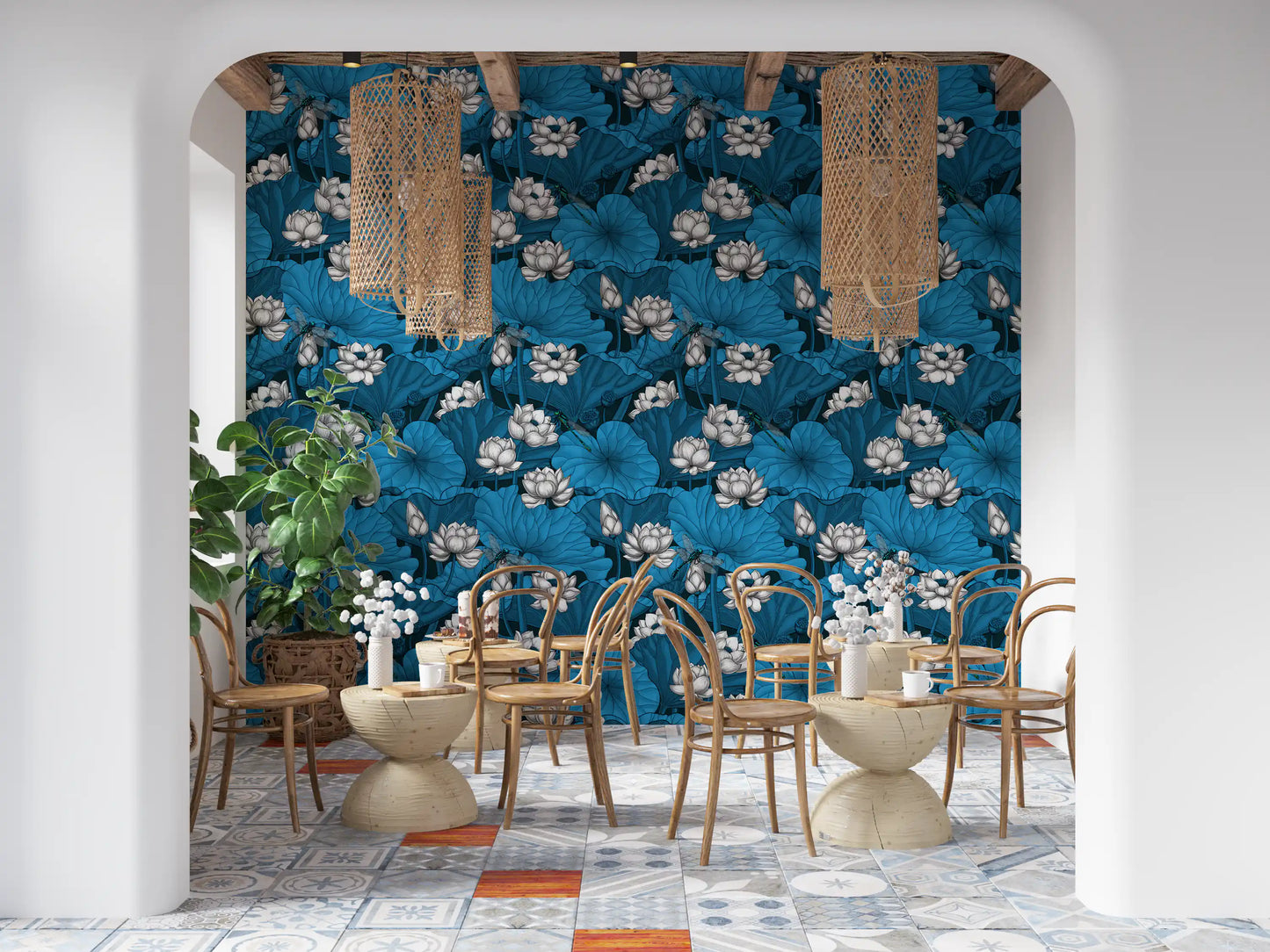 Zen Lotus Pond with Dragonflies in white and blue Wallpaper⁠