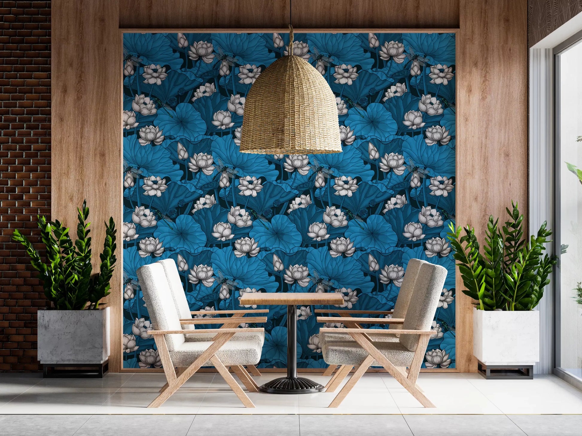 Zen Lotus Pond with Dragonflies in white and blue Wallpaper⁠