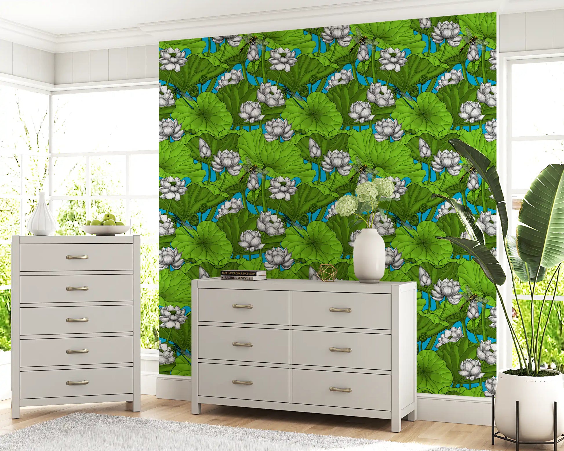 Zen Lotus Pond with Dragonflies in white and green Wallpaper⁠