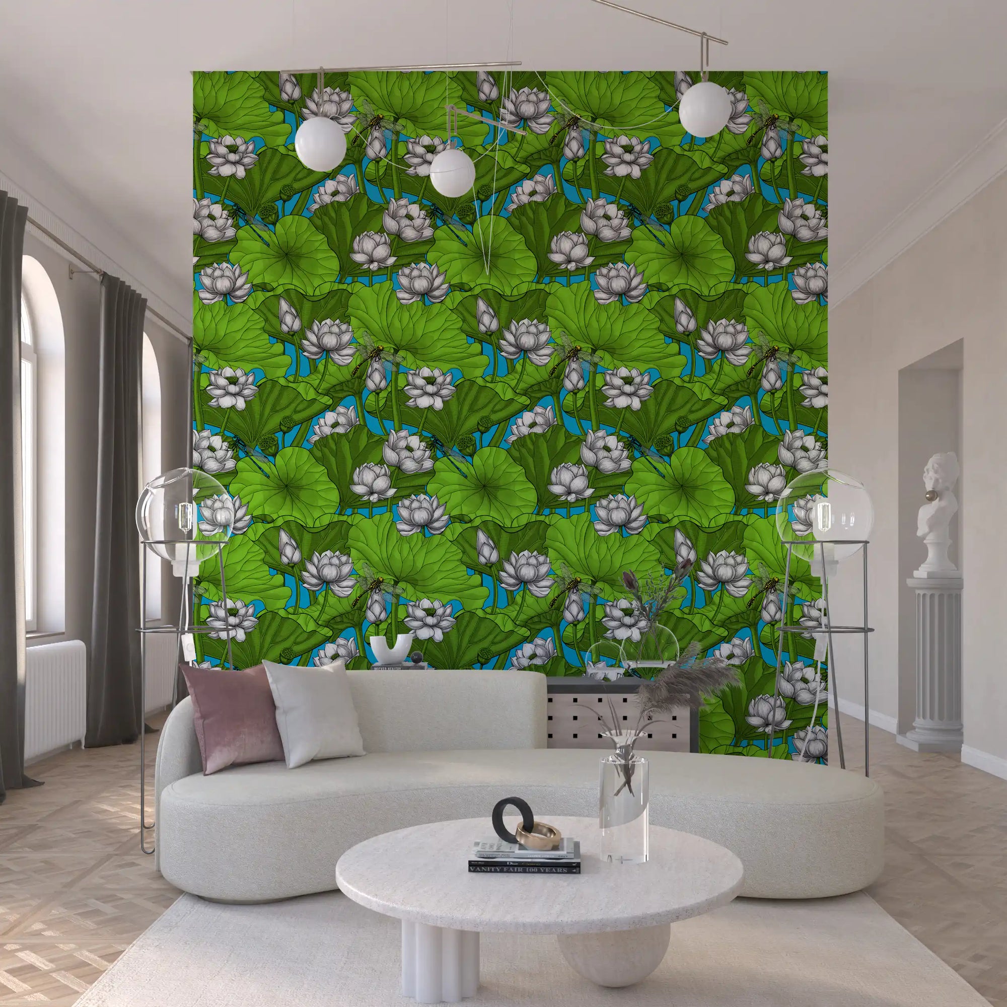 Zen lotus pond wallpaper with white blooms and dragonflies in green GD11070
