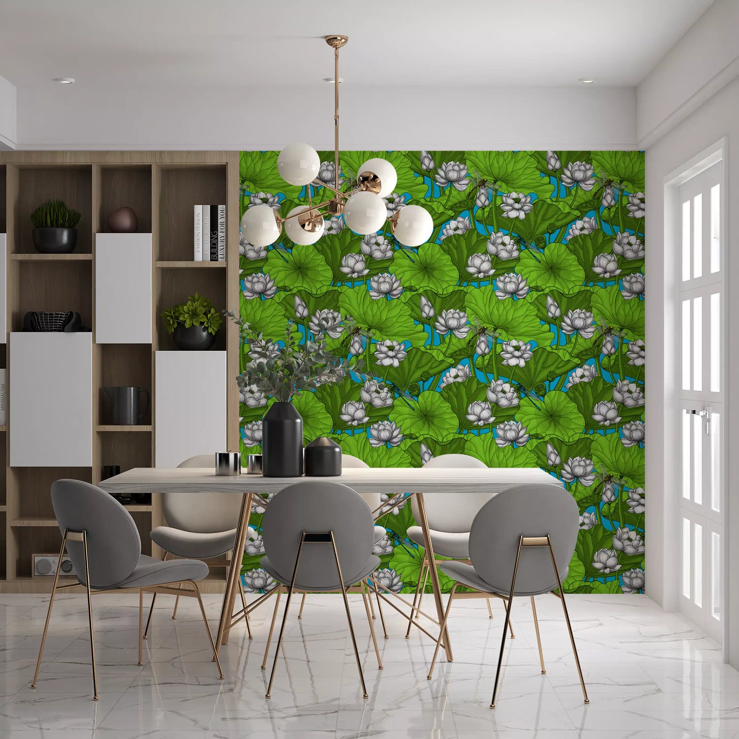 Zen Lotus Pond with Dragonflies in white and green Wallpaper⁠