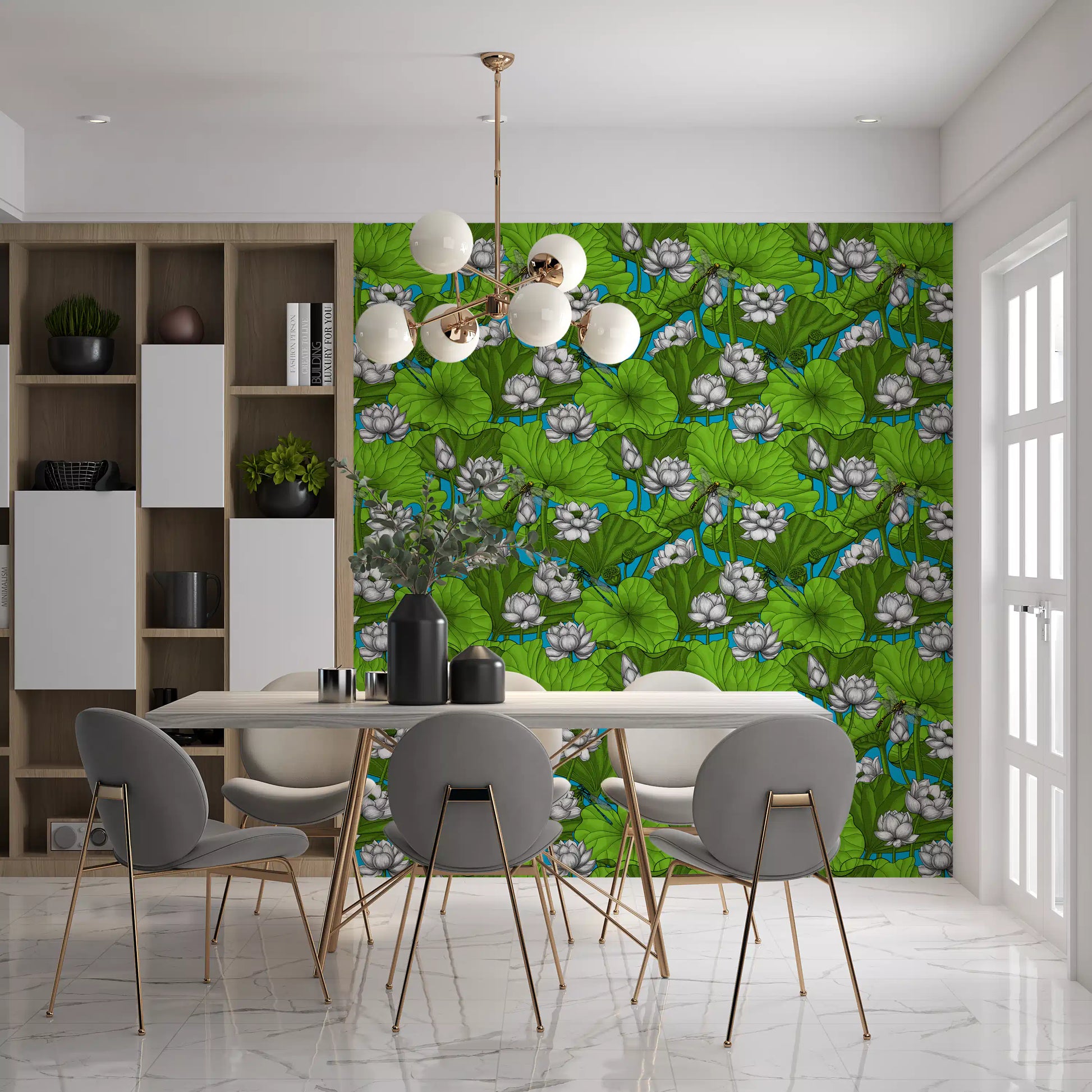 Zen Lotus Pond with Dragonflies in white and green Wallpaper⁠