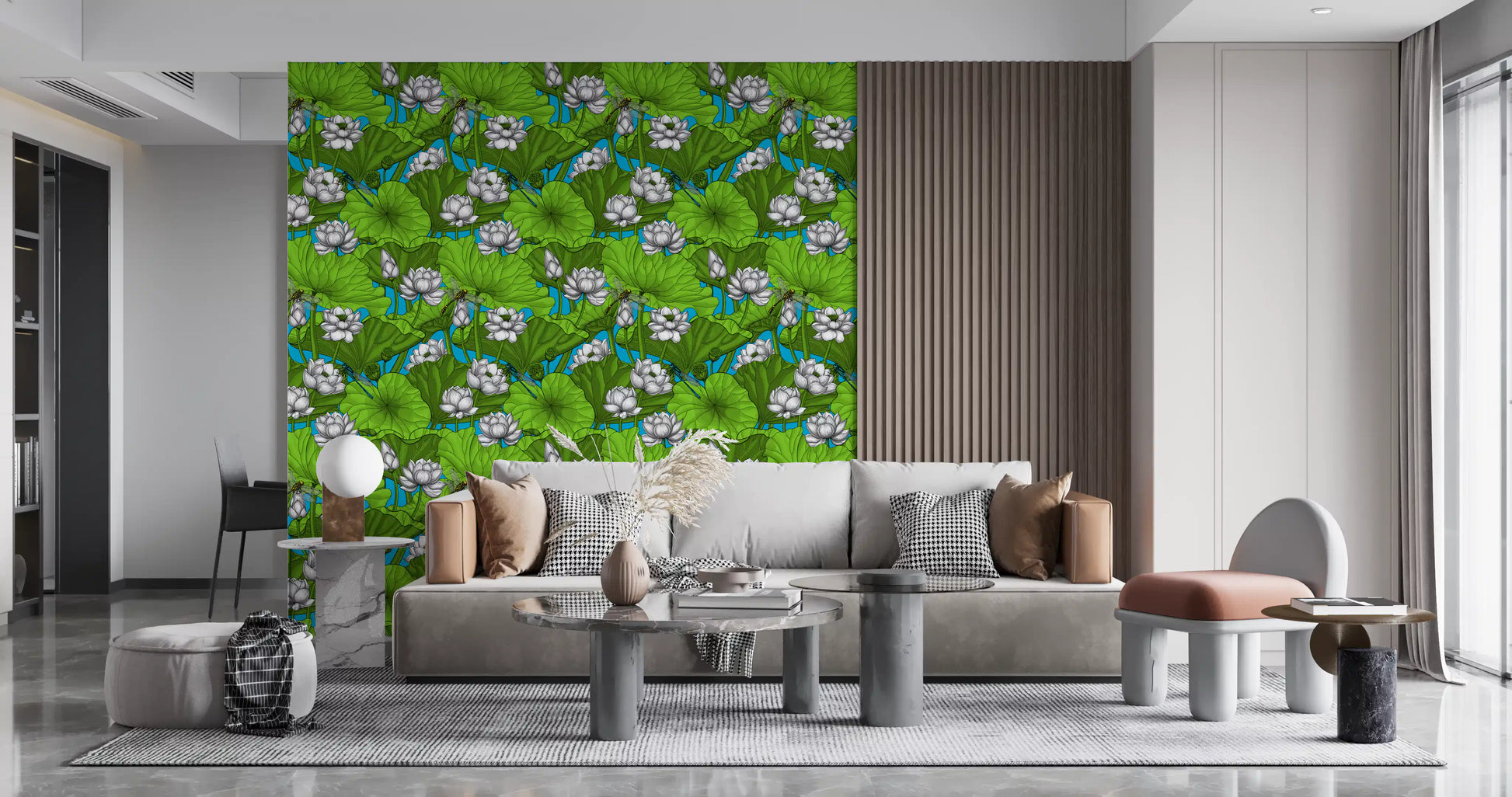 Zen Lotus Pond with Dragonflies in white and green Wallpaper⁠