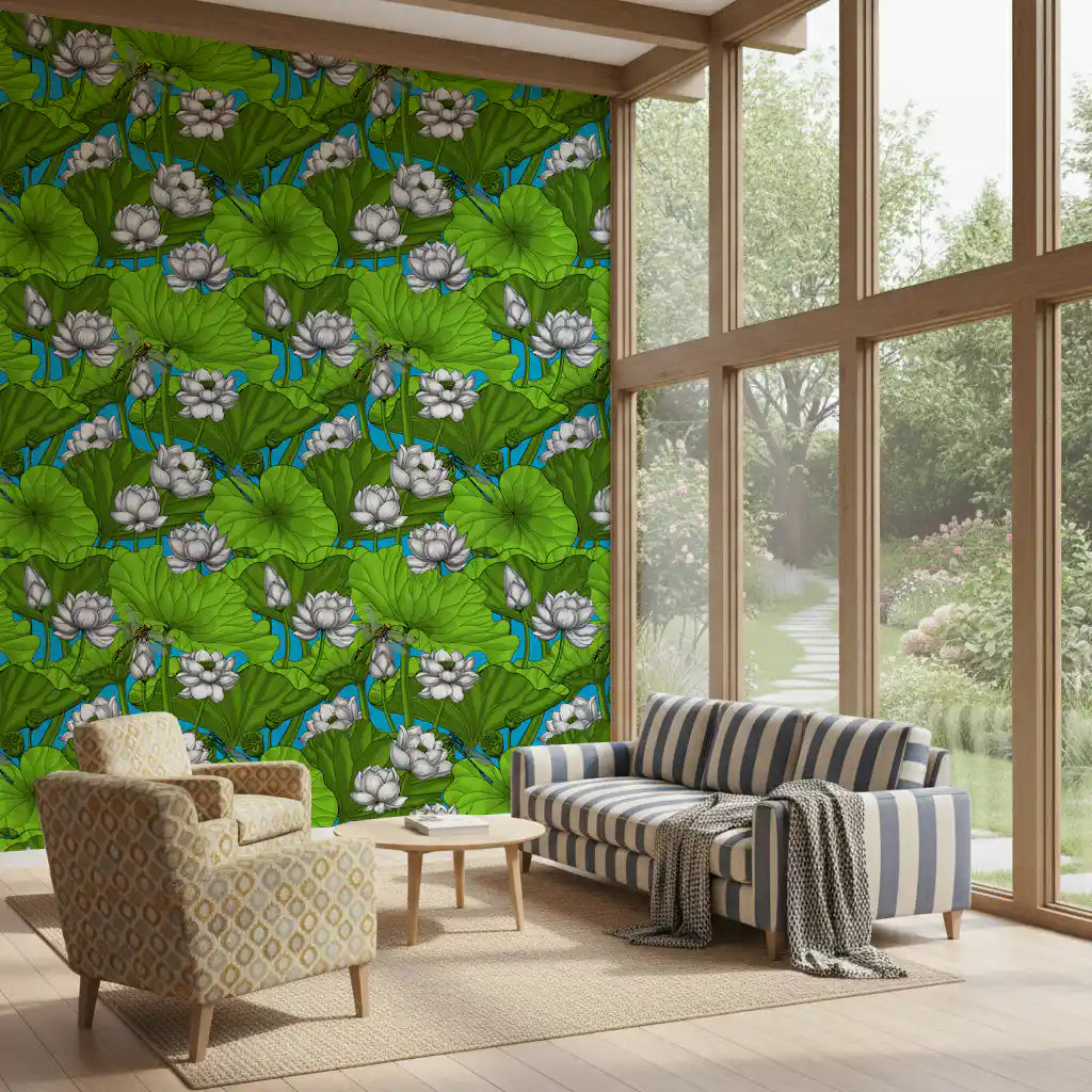 Zen Lotus Pond with Dragonflies in white and green Wallpaper⁠