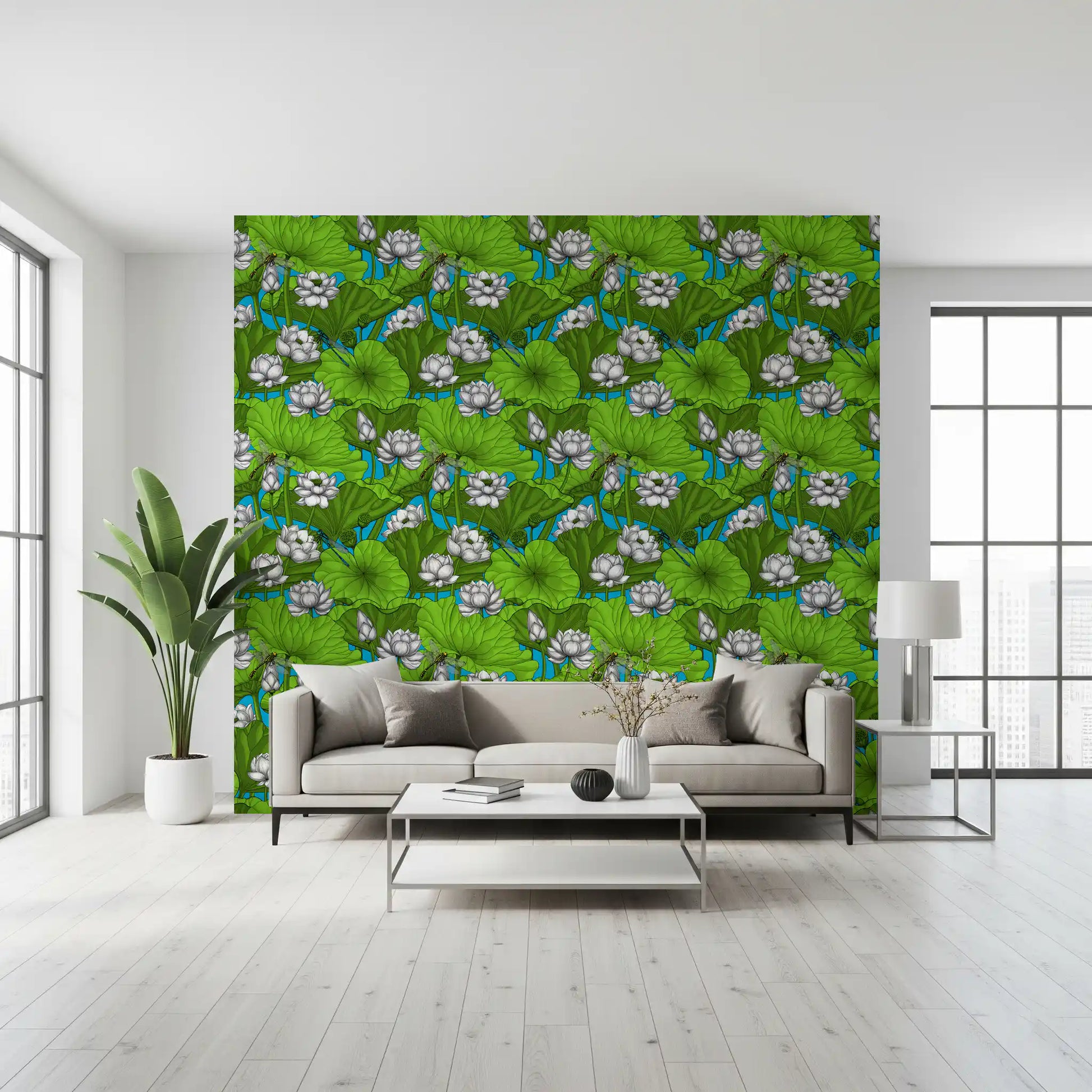 Zen Lotus Pond with Dragonflies in white and green Wallpaper⁠