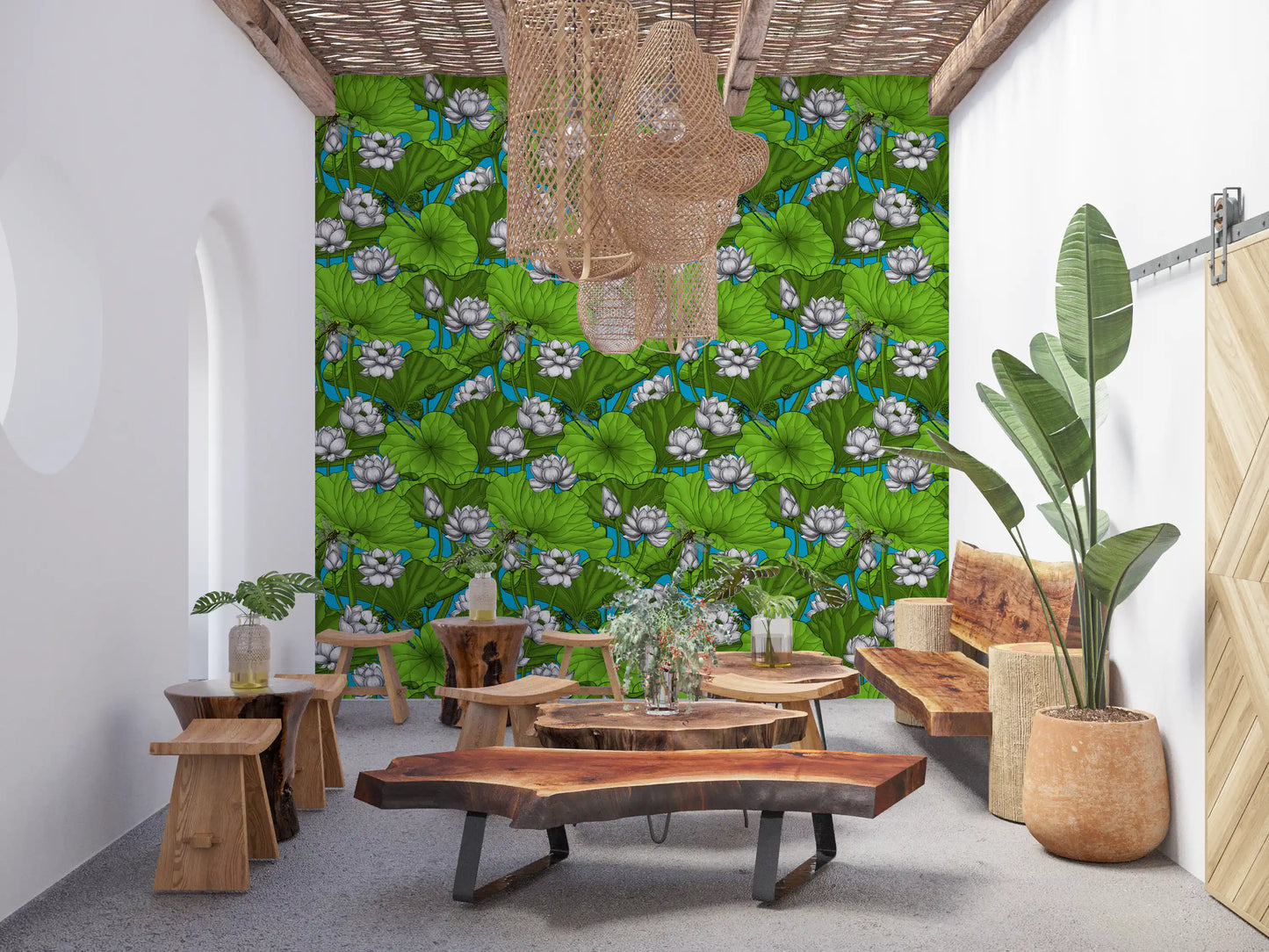 Zen Lotus Pond with Dragonflies in white and green Wallpaper⁠
