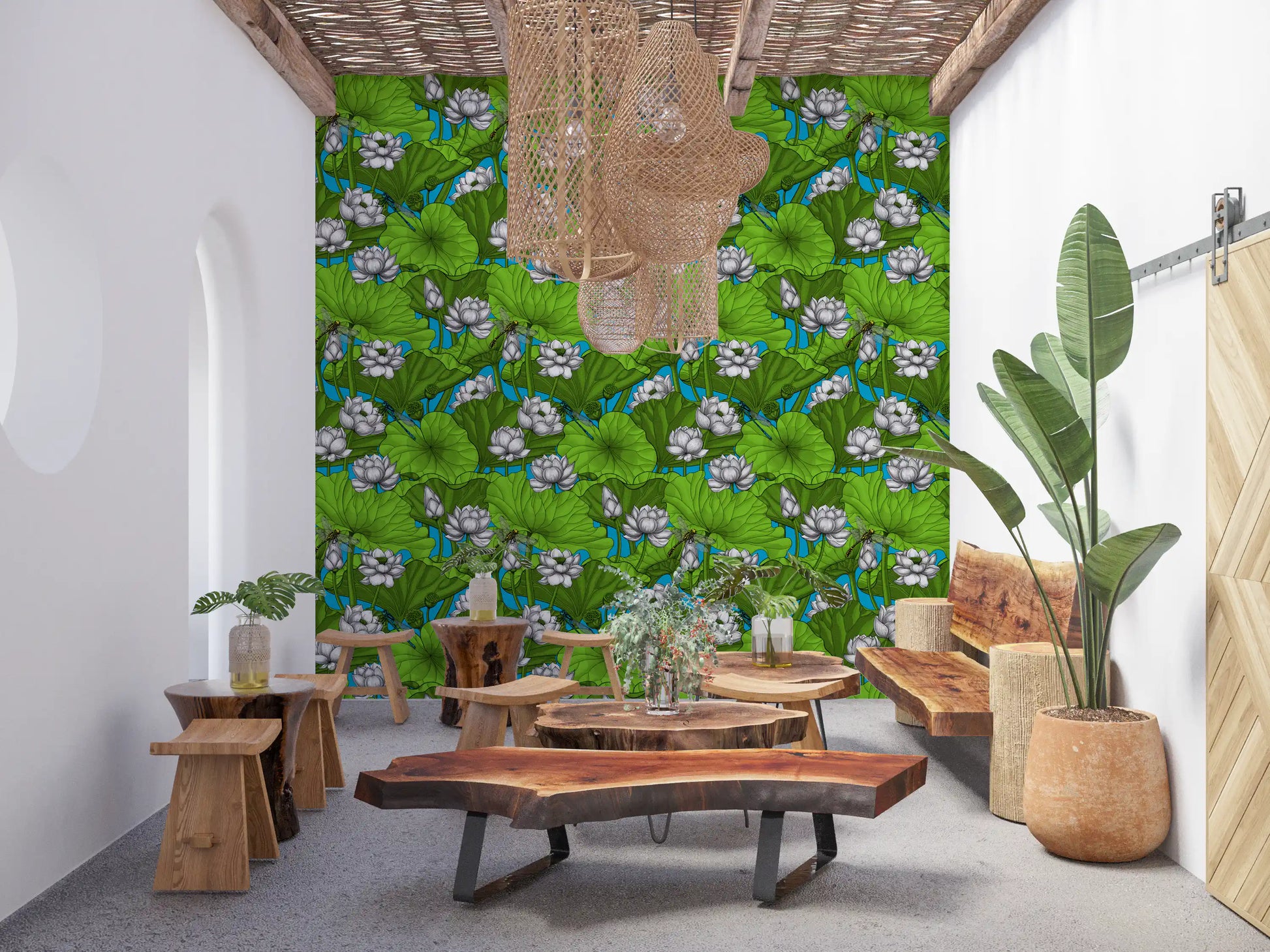 Zen Lotus Pond with Dragonflies in white and green Wallpaper⁠