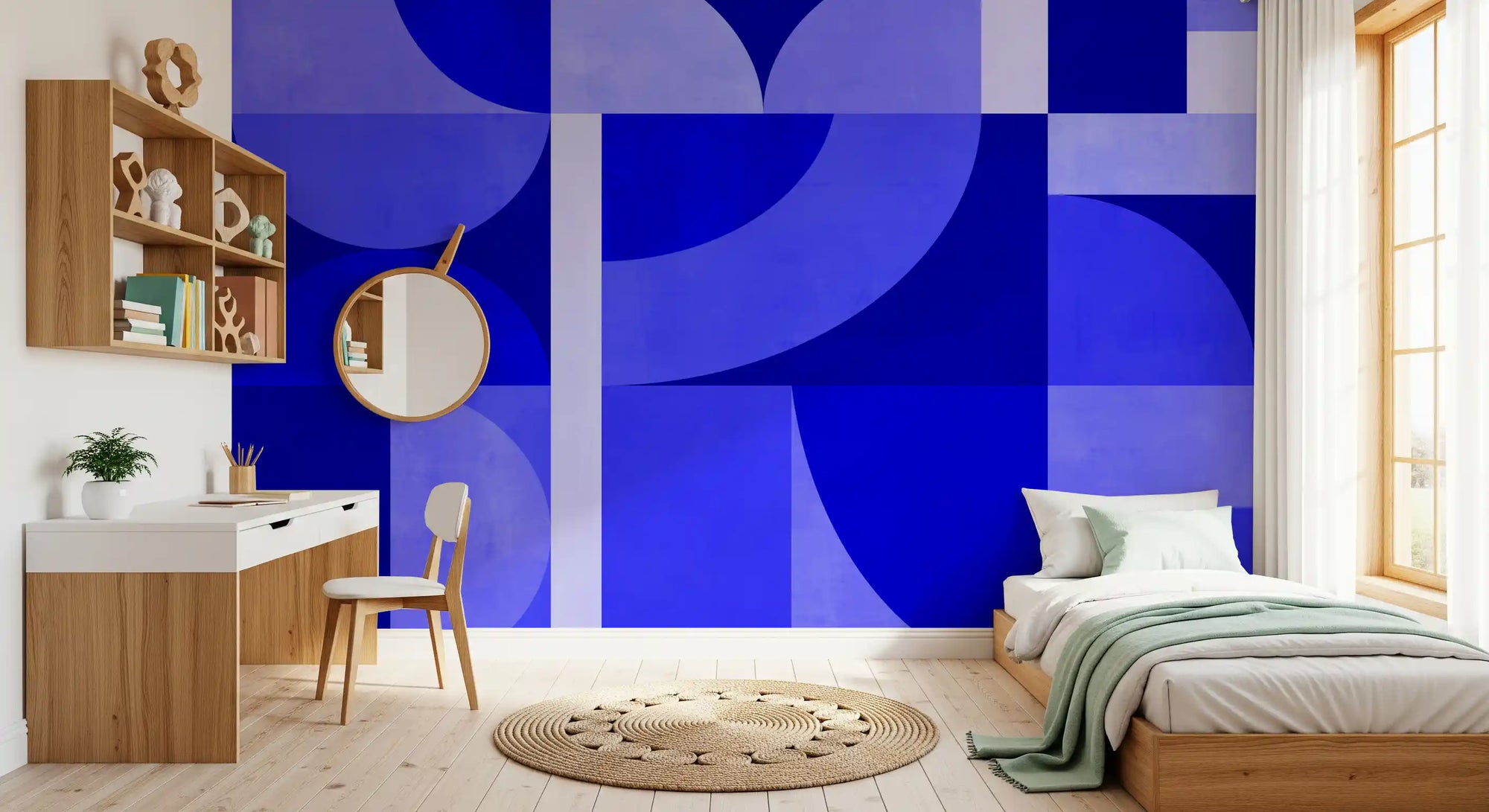 Mid-century blue wall mural with geometric circles and rectangular blocks GD11071