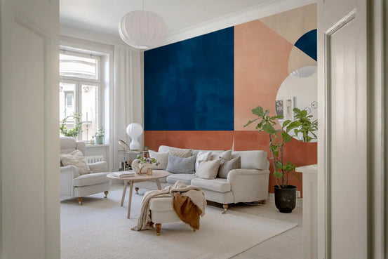 Mid-century abstract wall mural with terracotta and navy geometric shapes GD11072