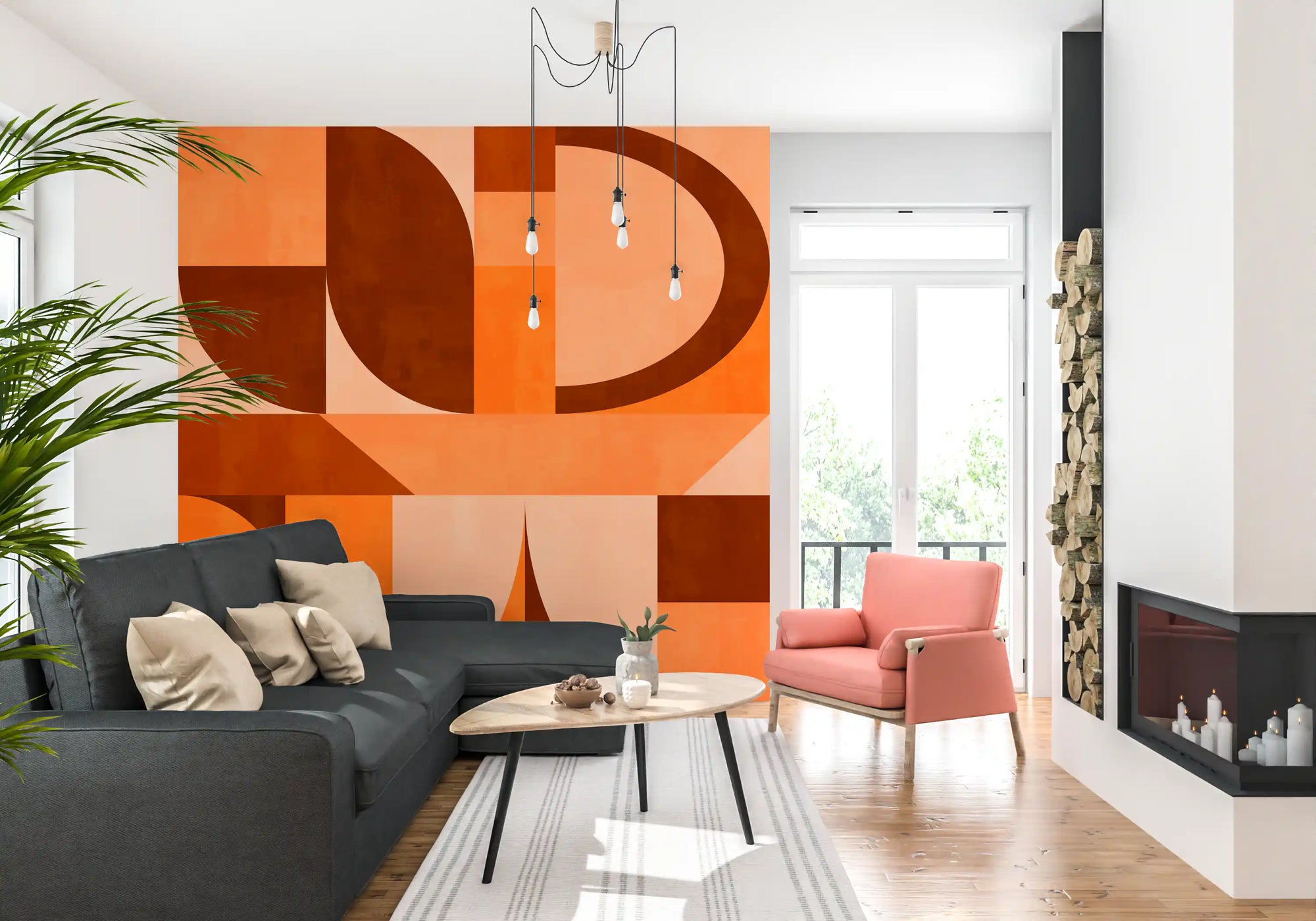 Mid-century terracotta arches wall mural with curved geometric shapes GD11073