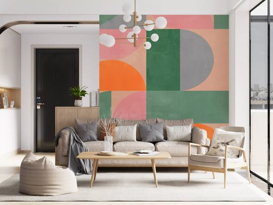 Modern geometric arches wall mural with sage green coral and pink shapes in living roomGD11074