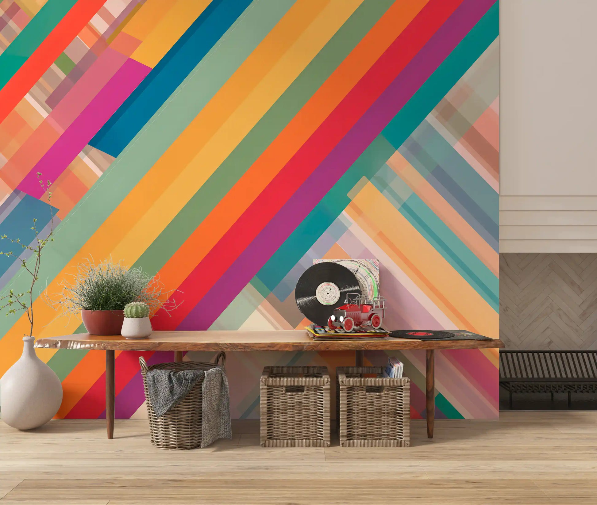 Abstração vibrante de listras diagonais Wall Mural