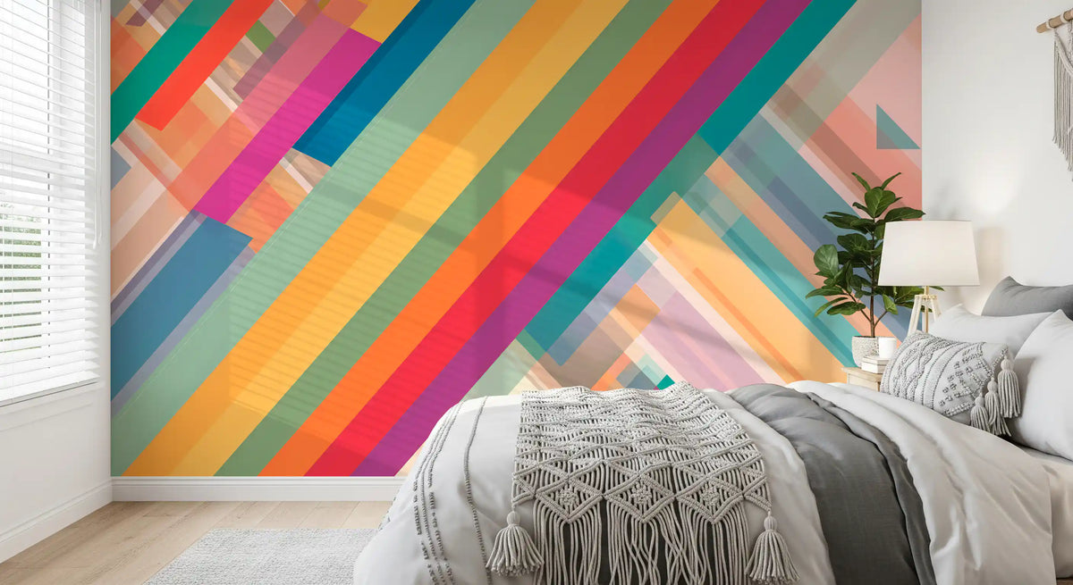 Vibrant diagonal stripes abstract wall mural in multicolour palette for bedroom GD11076
