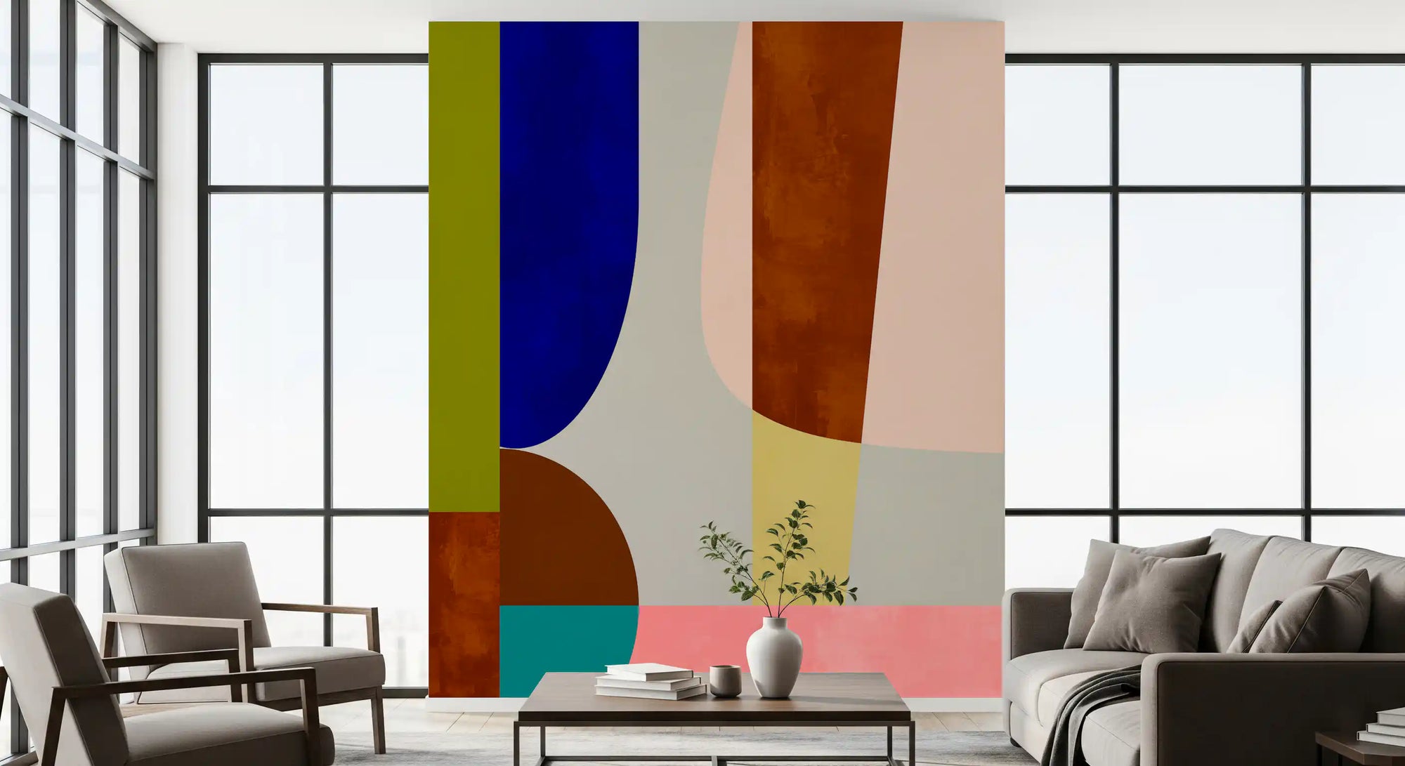 Mid-century abstract shapes wall mural in navy olive and brown palette GD11076