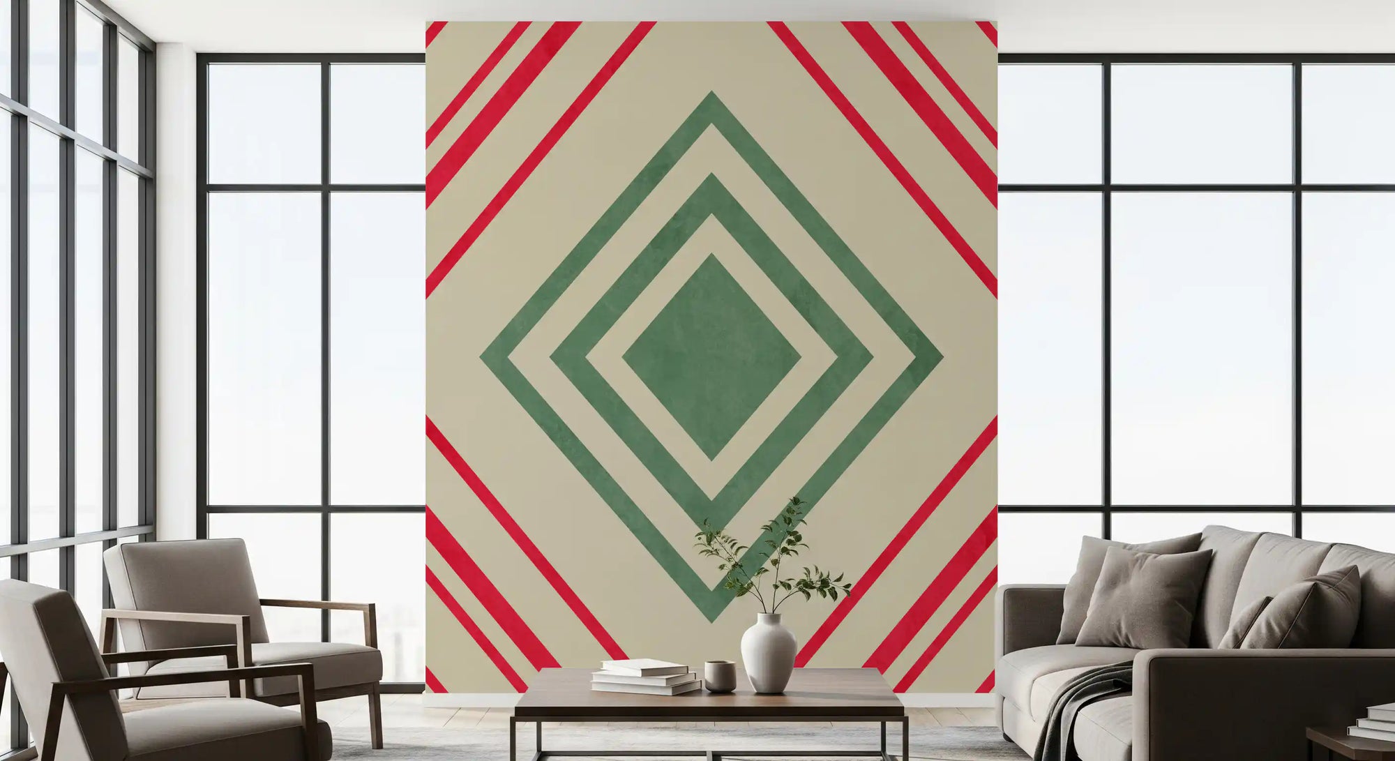Diamond geometric lines wall mural in red green and cream palette GD11078
