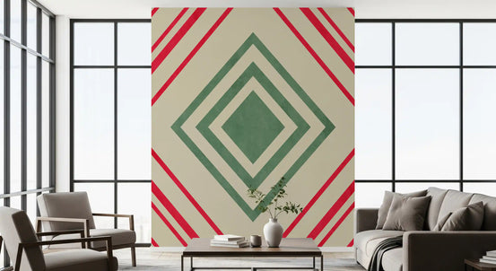 Diamond geometric lines wall mural in red green and cream palette GD11078