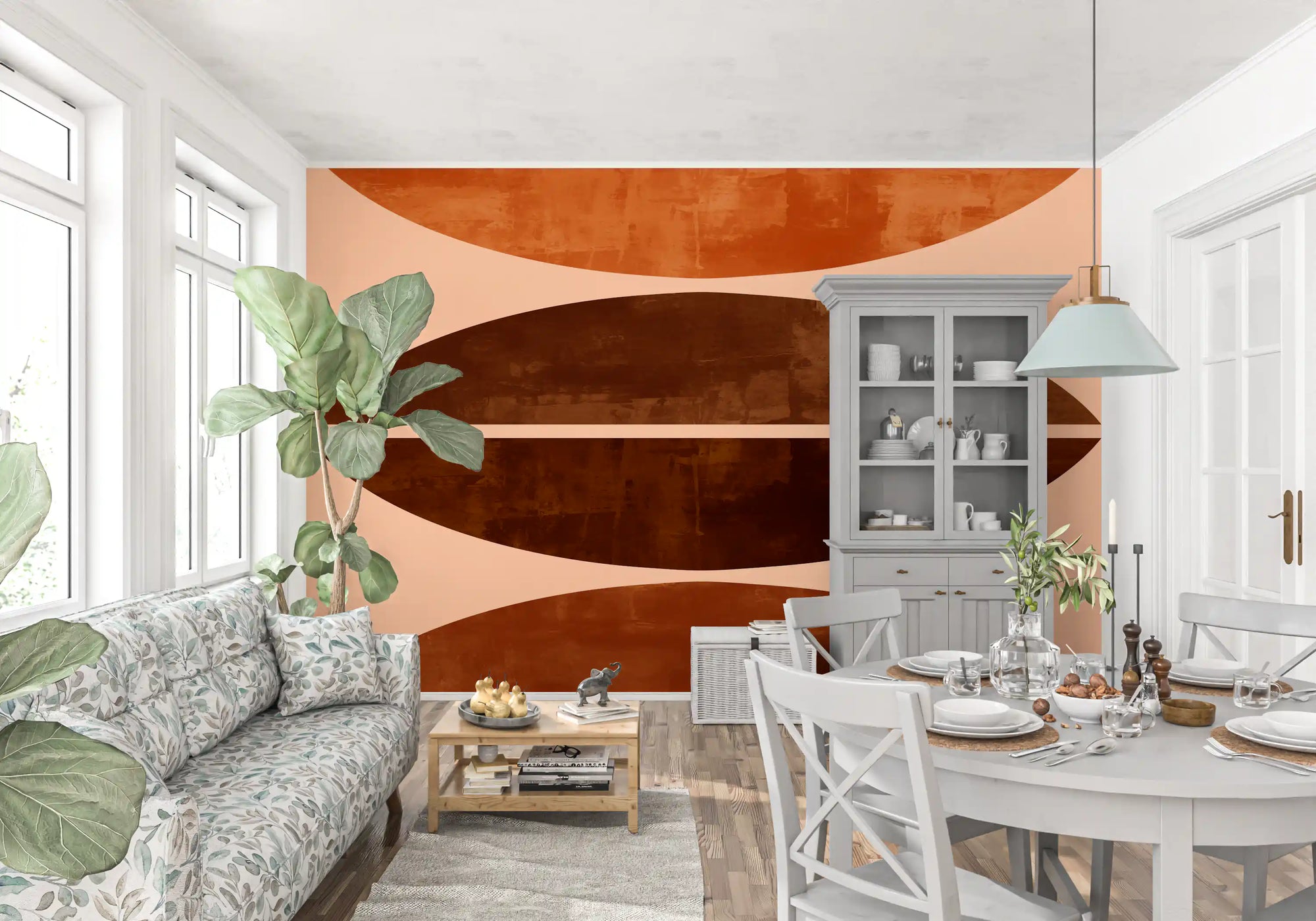Burnt sienna curves wall mural in mid-century stacked shape composition GD11080