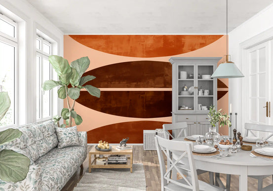 Burnt sienna curves wall mural in mid-century stacked shape composition GD11080
