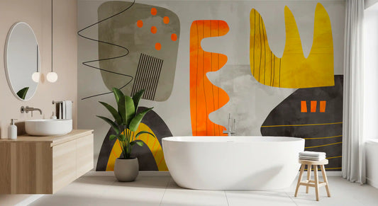Playful street art wall mural in yellow orange and charcoal palette for bathroom GD11081