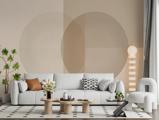 Minimalist overlapping circles wall mural in soft beige tones for living room GD11082