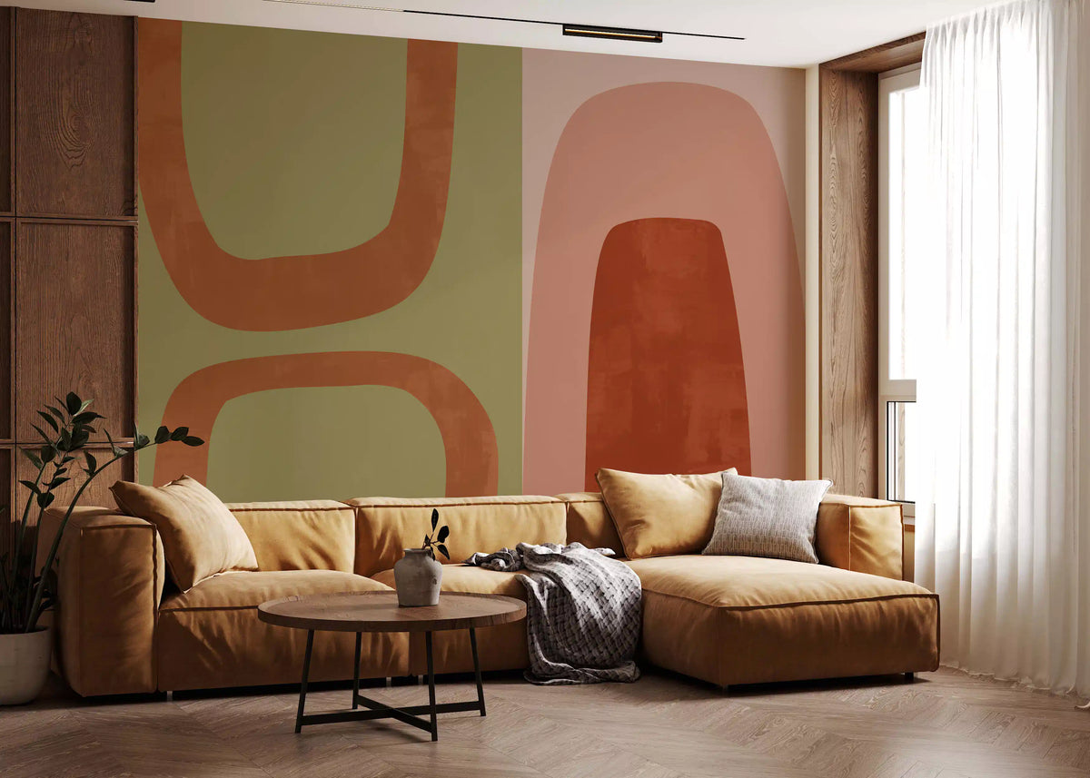 Earthy abstract arches wall mural in terracotta and olive palette GD11083