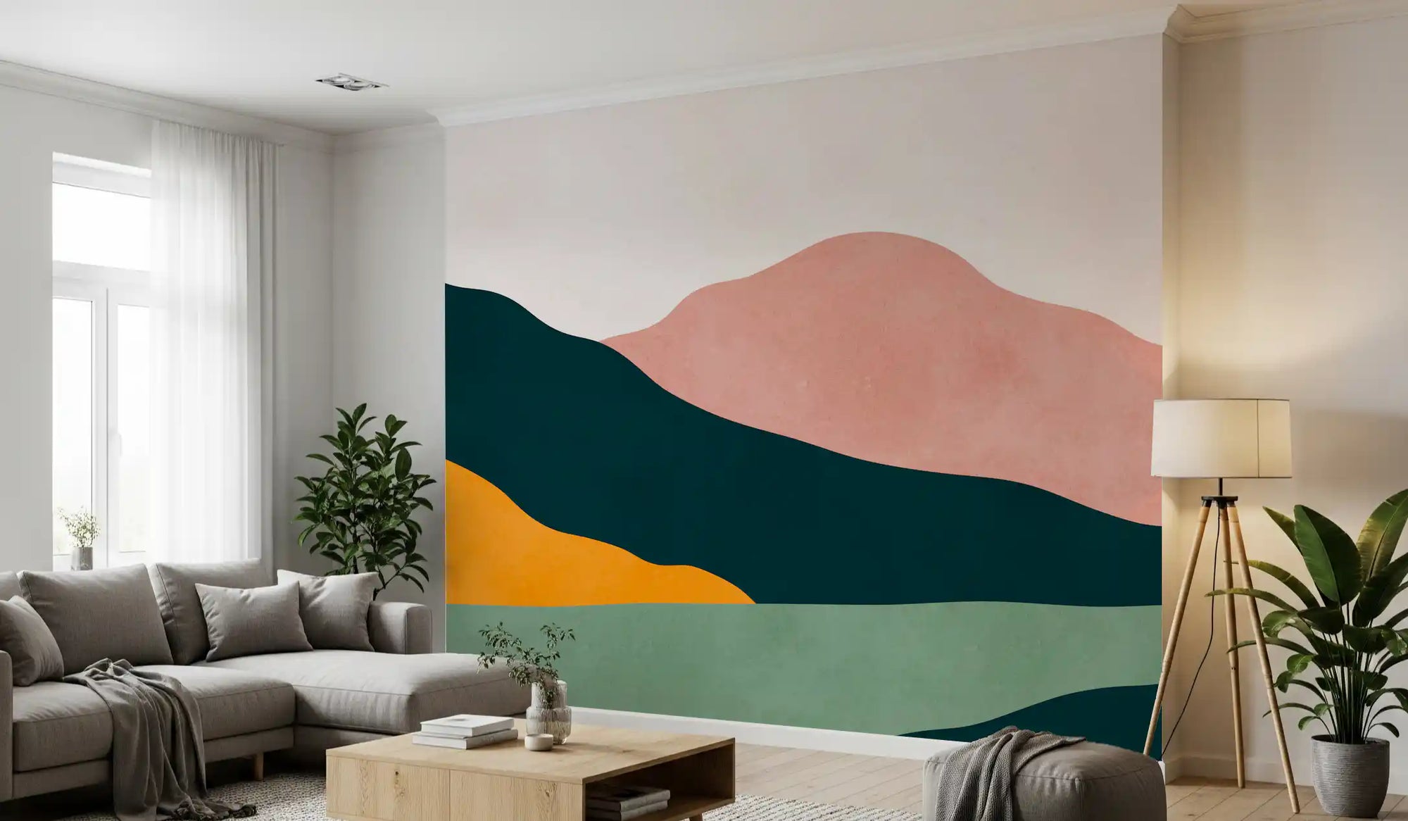 Abstract peaks landscape mural in teal, pink, orange, mustard, and golden sun GD11085