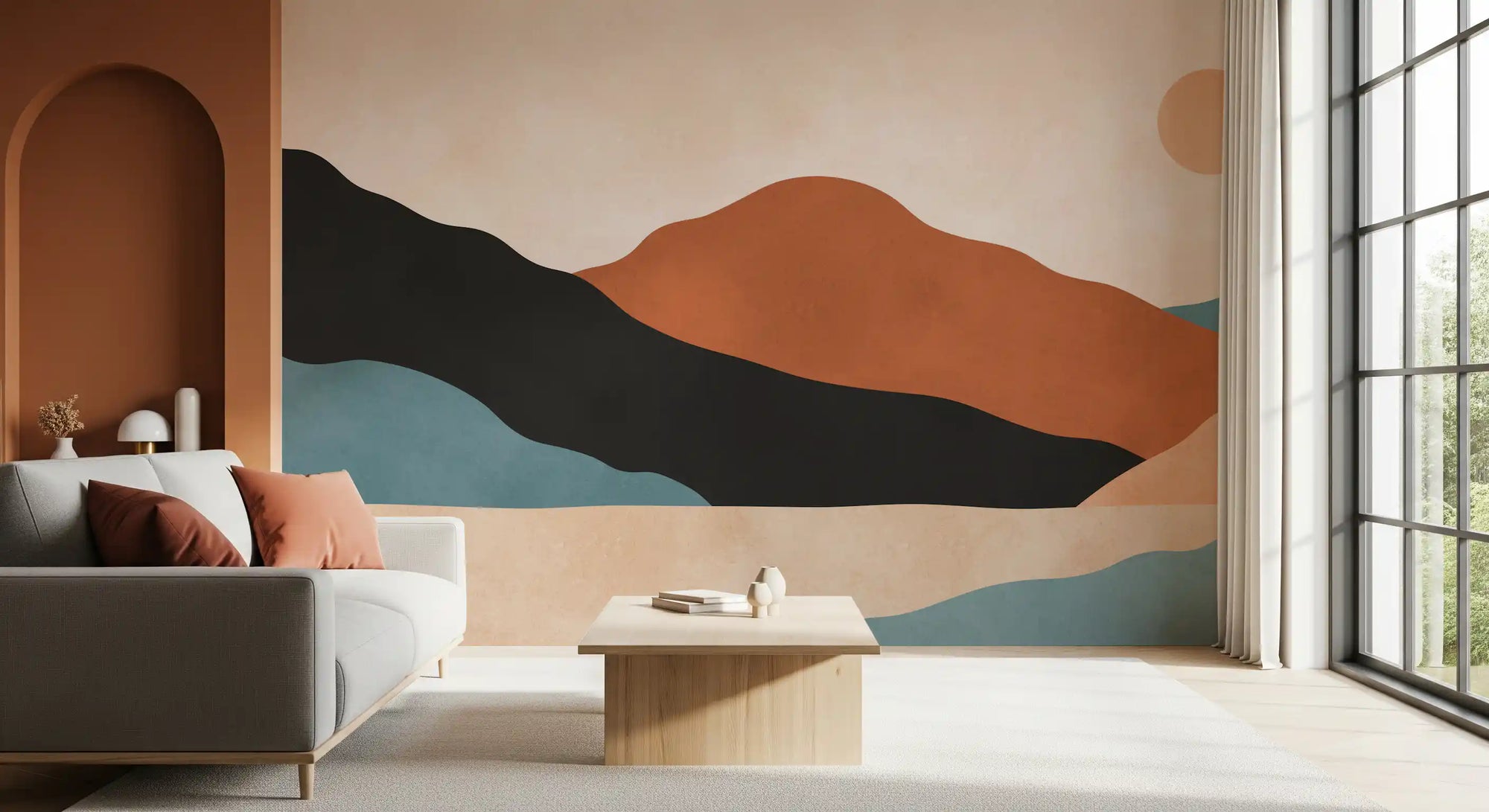 Minimalist desert mountain vista mural with layered peaks and soft sun GD11087