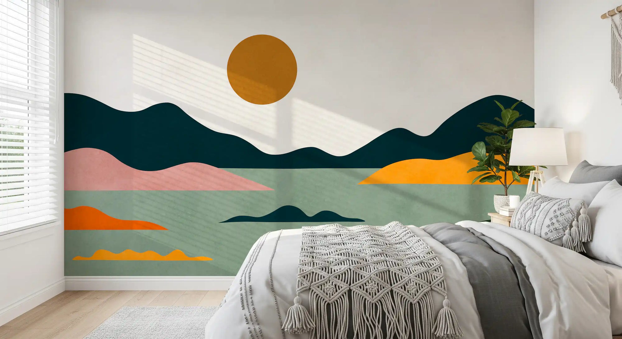 Abstract geometric sunset horizon mural with rolling hills and golden sun in bedroom GD11088