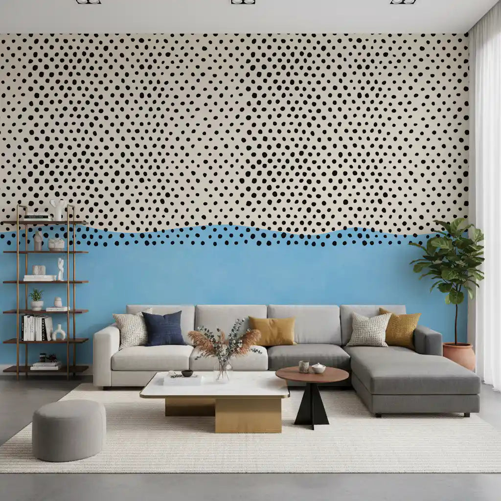 Dotted horizon coastal accent mural with cream backdrop and sky blue band GD11089
