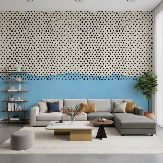Dotted horizon coastal accent mural with cream backdrop and sky blue band GD11089