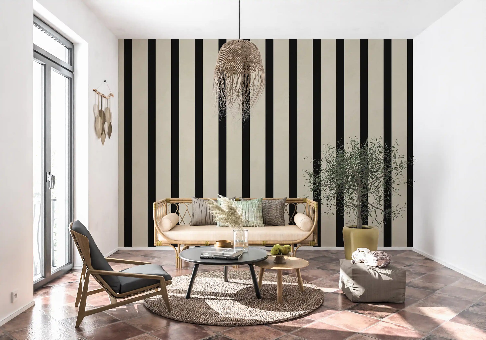 Listras verticais minimalistas em preto e bege Wall Mural