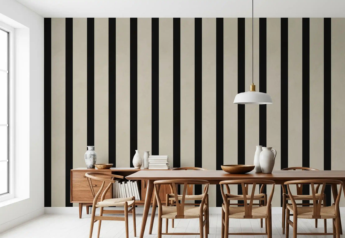 Minimalist vertical stripe wall mural in black and warm beige tones GD11090