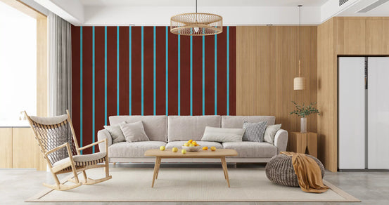 Rustic earth stripe wall mural in deep russet brown with sky blue lines GD11091