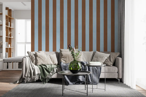 Sky blue and earthy brown wide stripe wall mural with vertical bands GD11092