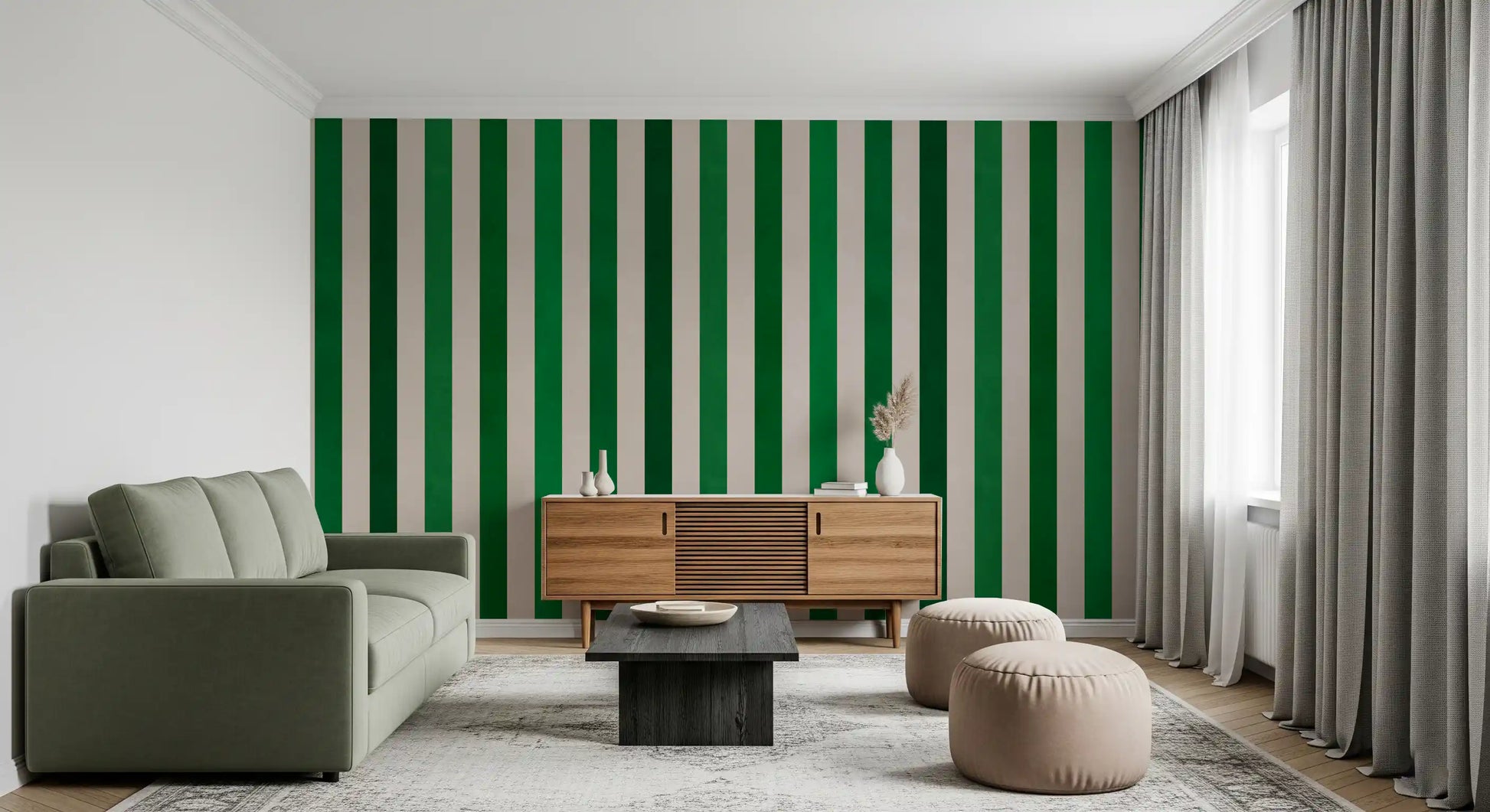 Emerald and Cream Vertical Stripes Wall Mural