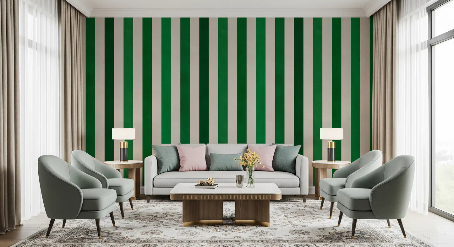 Emerald and Cream Vertical Stripes Wall Mural